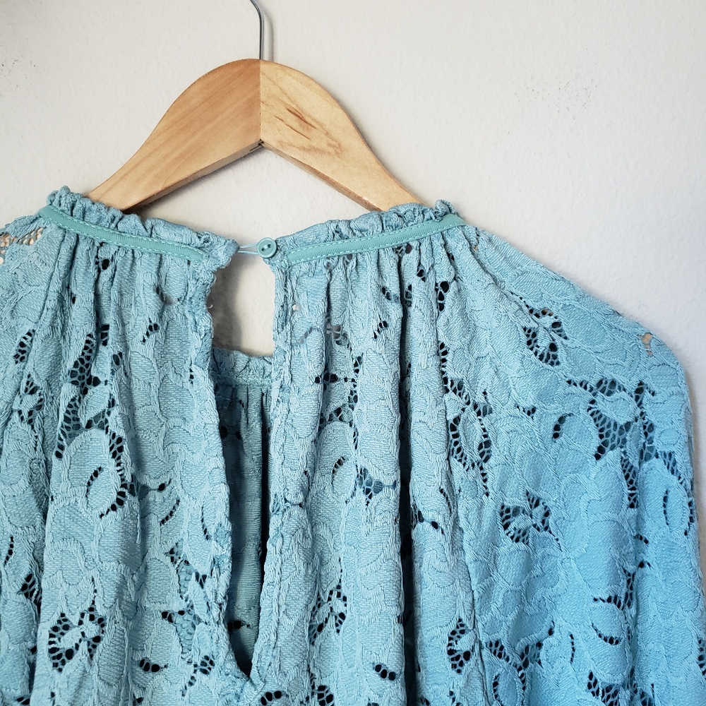 Free People | Floral Lace Scoop Neck Scalloped Hem Pirate Sleeve Blouse Top - Picture 6 of 10